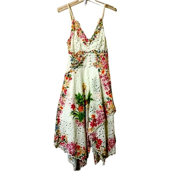 Farm Rio Delicate Forest Scarf Print Eyelet Cotton Sundress Size Small